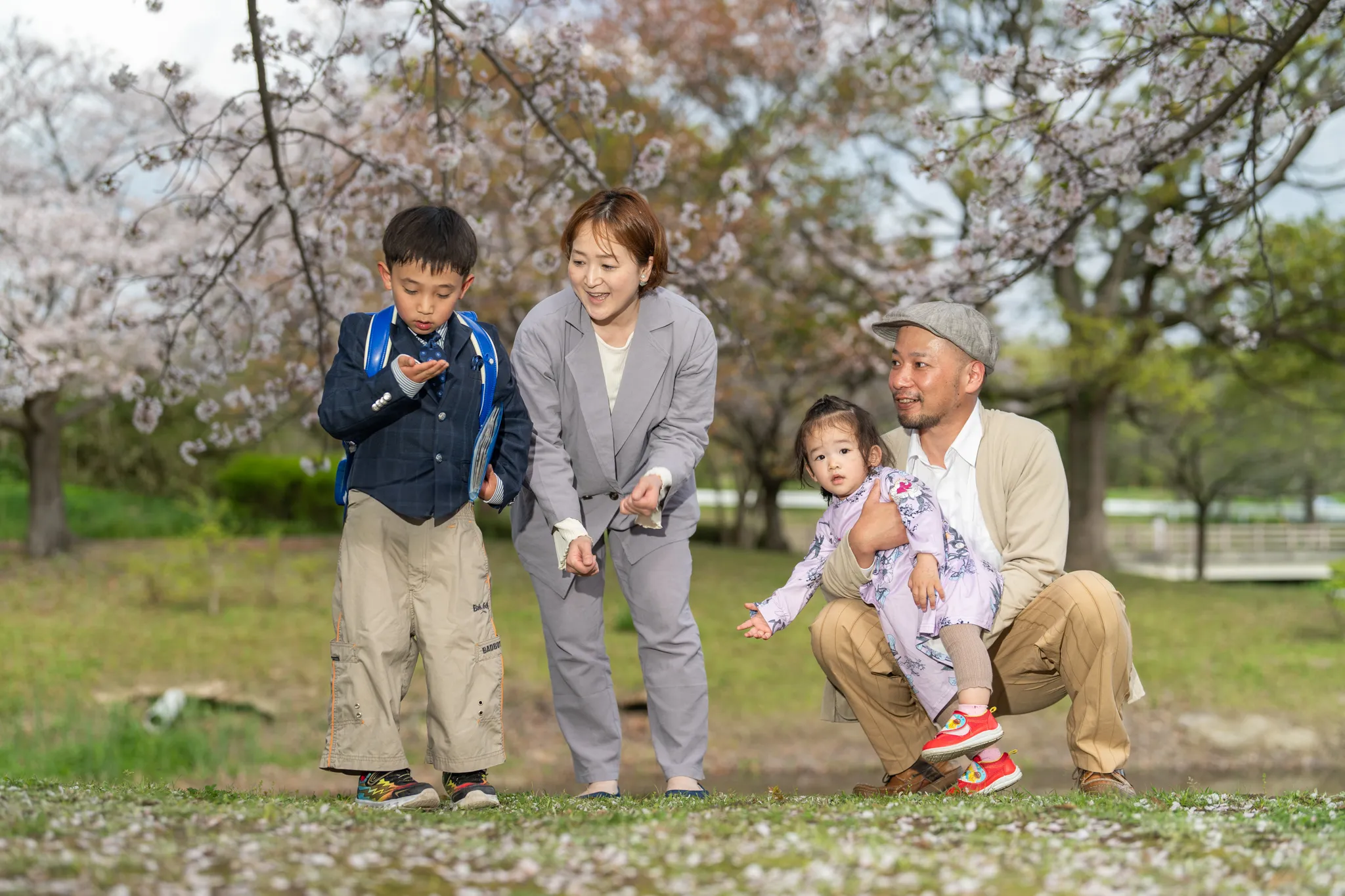 【福岡県糟屋郡粕屋町で家族写真撮影】新1年生の男の子と妹さんとご両親で桜の中で家族撮影をさせていただきました。4